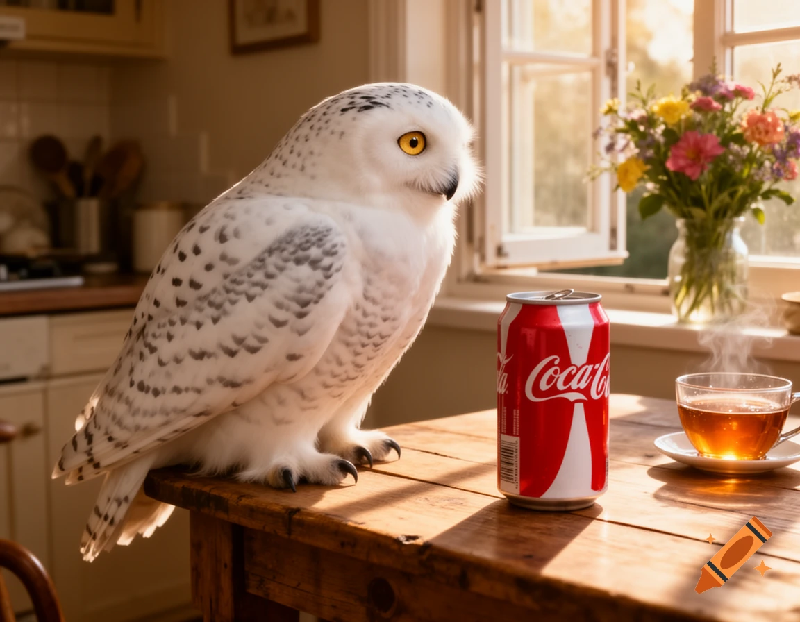 A snowy owl stands on a wooden table next to a red Coca-Cola can and a steaming cup of tea in a sunlit kitchen.