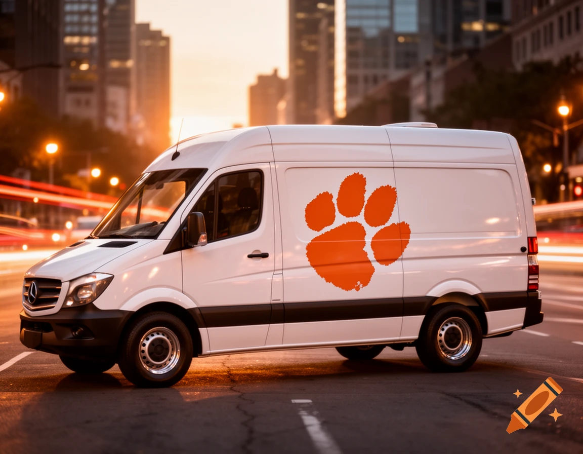 A white Mercedes Sprinter van with a large orange Clemson tiger paw logo on its side, parked on a city street at sunset.