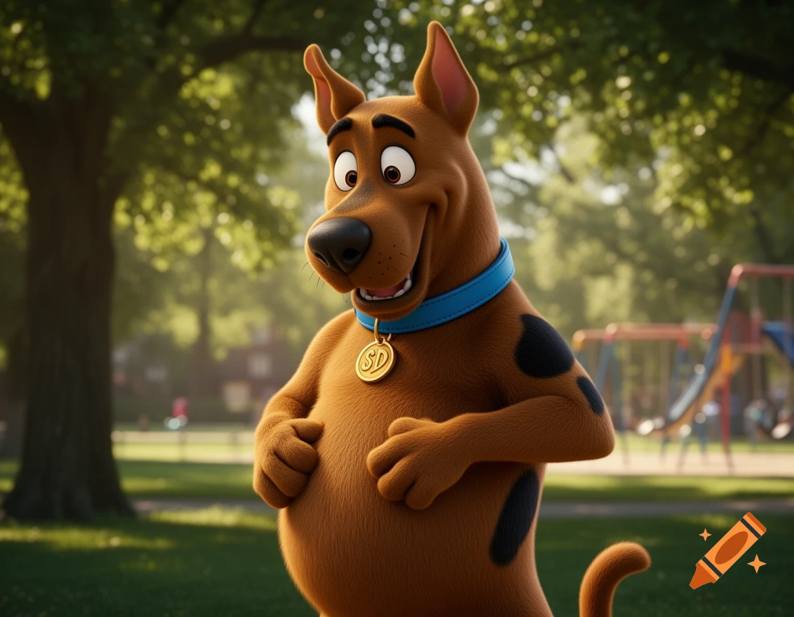 A 3D animated Scooby Doo, a brown dog with black spots and a blue collar, stands smiling in a sunny park with trees and a playground.
