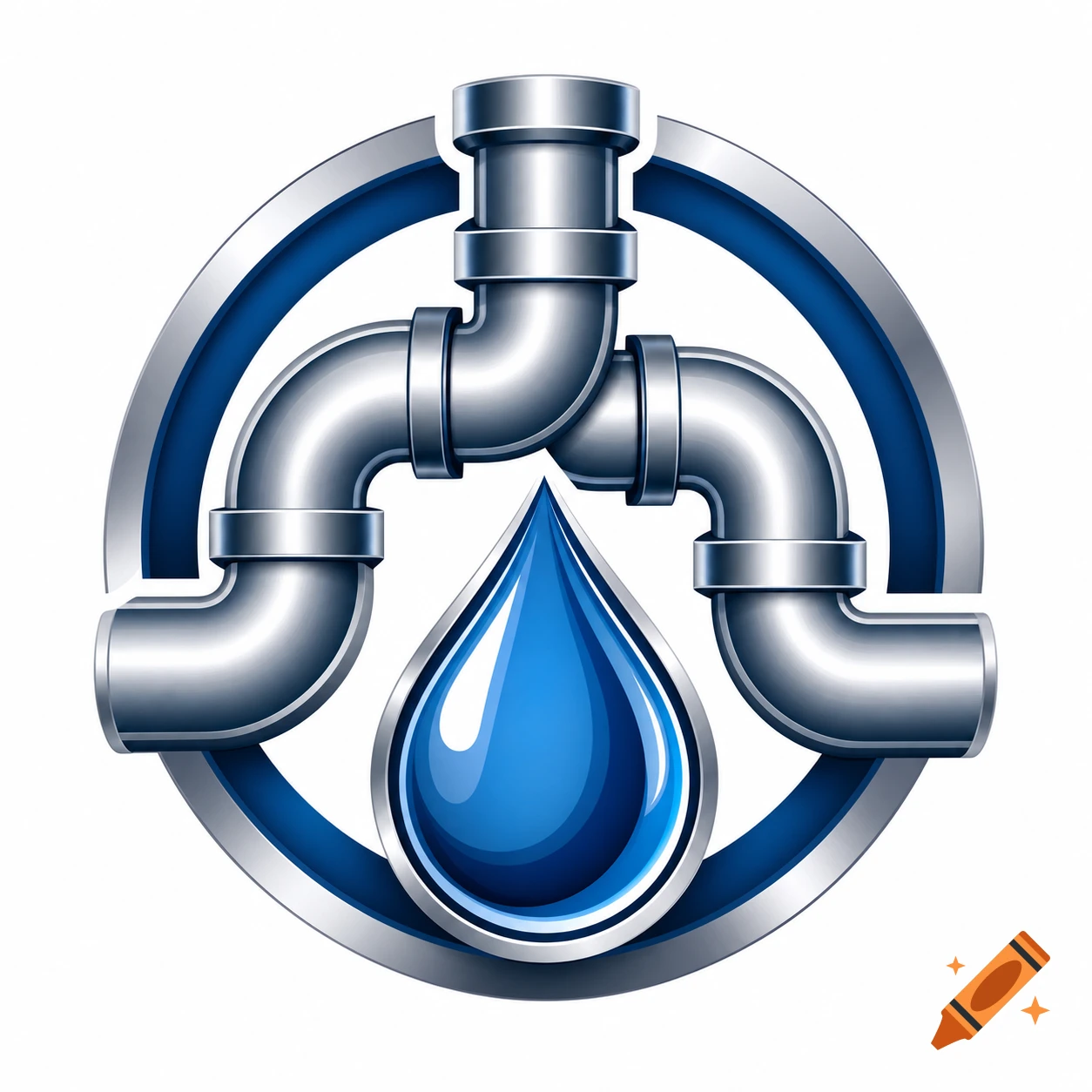 Metallic plumbing pipes form a circular logo with a central blue water droplet, on a white background.
