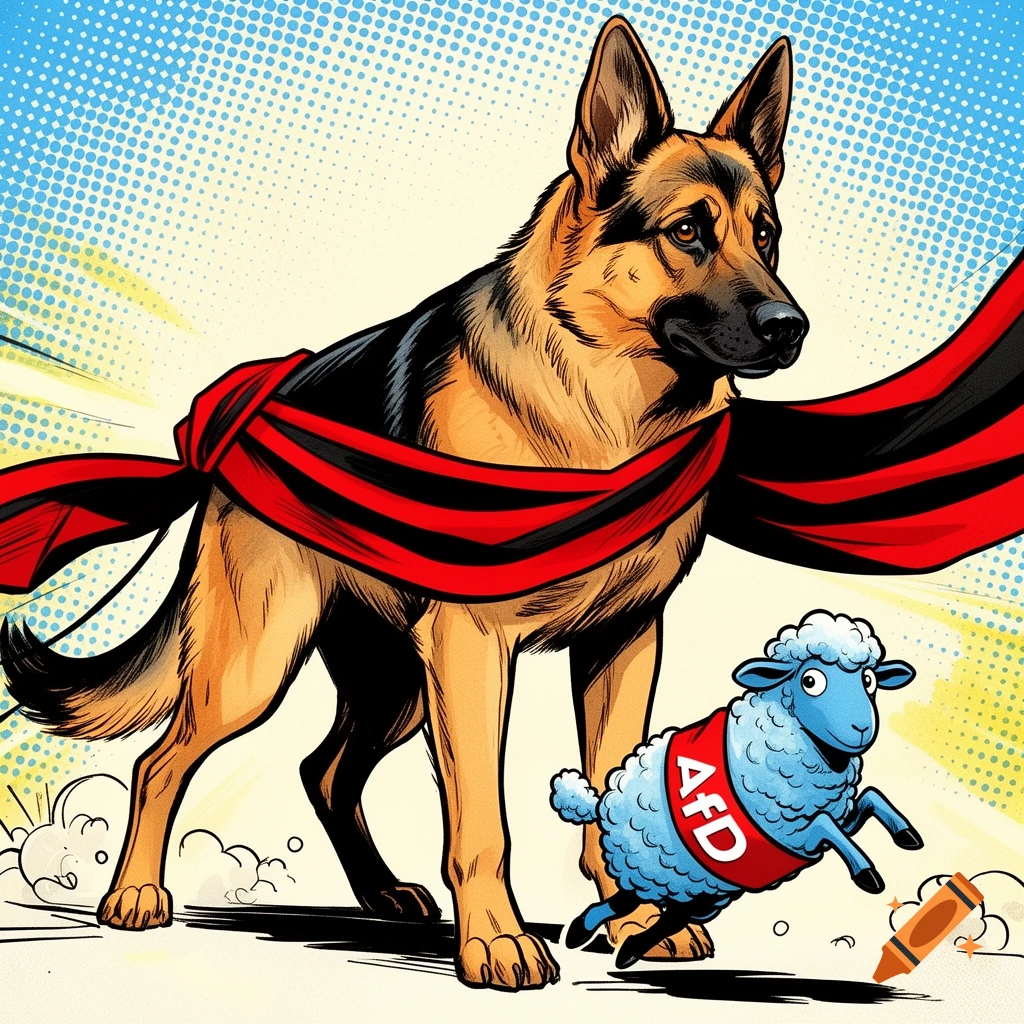 A German Shepherd dog, with a red and black sash, stands over a small blue sheep wearing a red sash labeled "AfD" in a comic book style.