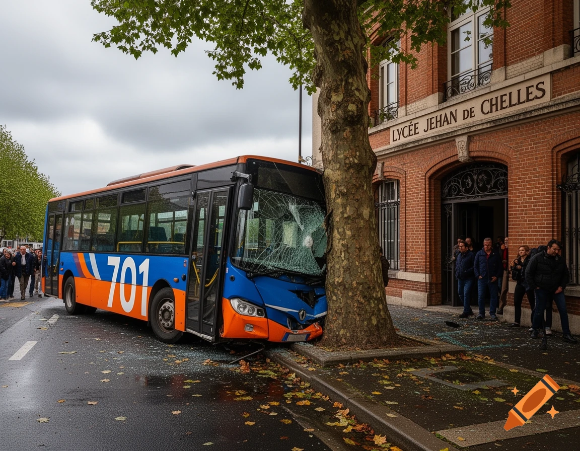A blue and orange bus, number 701, with a shattered windshield, crashed into a tree in front of Lycée Jehan de Chelles. Spectators watch the scene on a wet street. Photorealistic style.