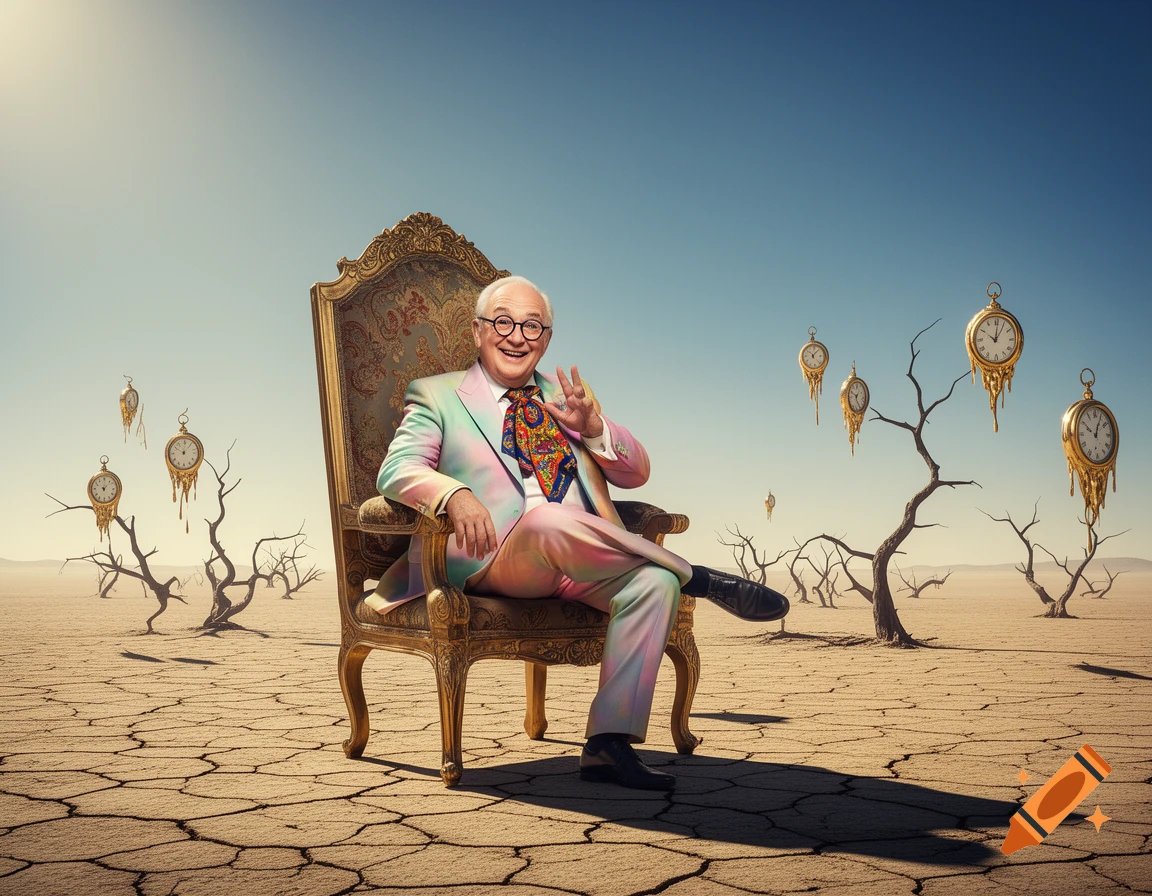 Smiling man in a colorful suit on an ornate chair in a cracked desert with melting clocks on bare trees, in the style of Salvador Dal