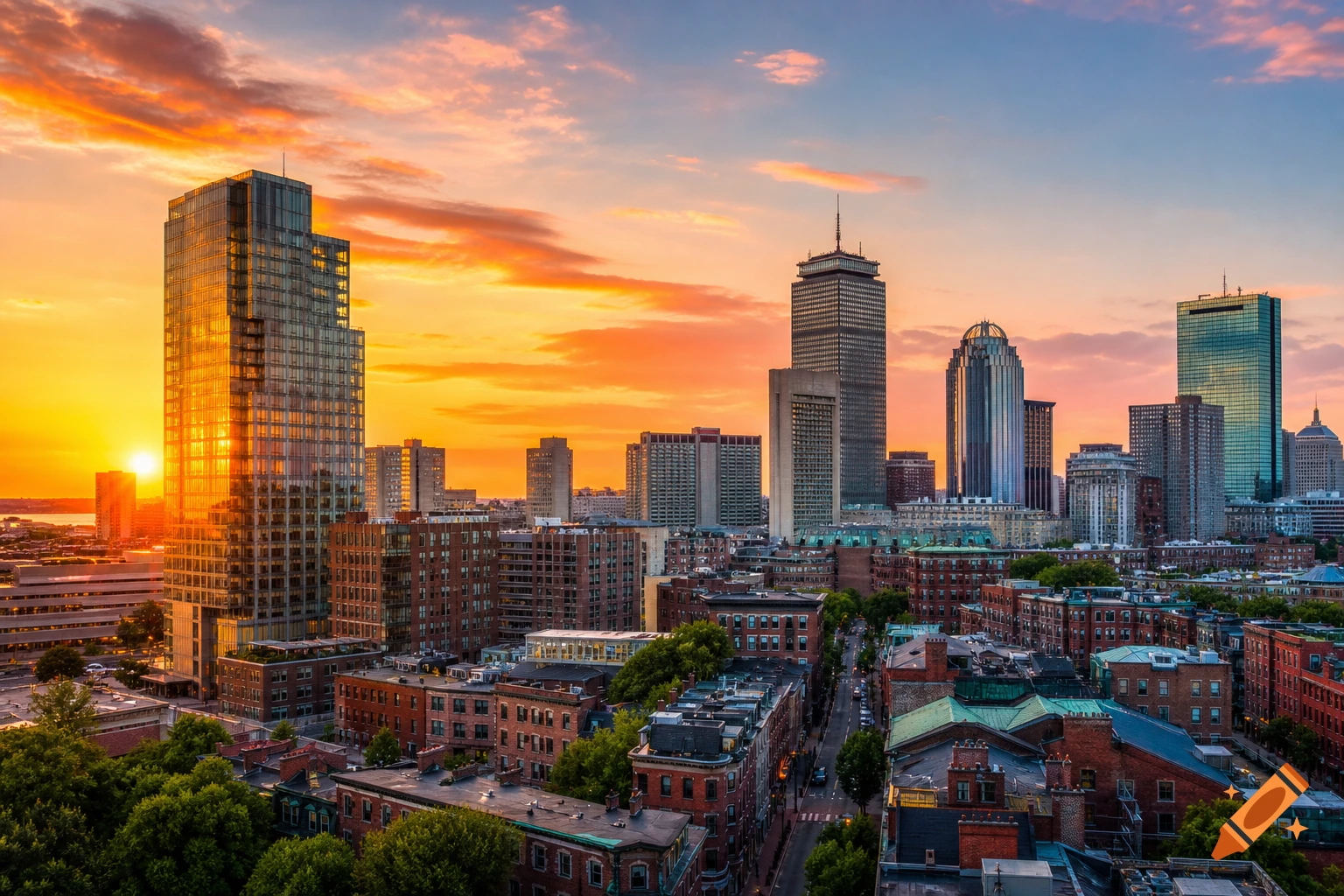 Aerial view of a Boston cityscape at sunset, with tall glass buildings reflecting the golden sky and orange clouds.