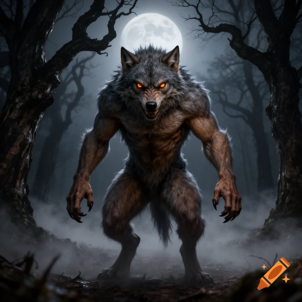 A menacing werewolf with glowing orange eyes stands in a foggy, dark forest under a bright full moon.