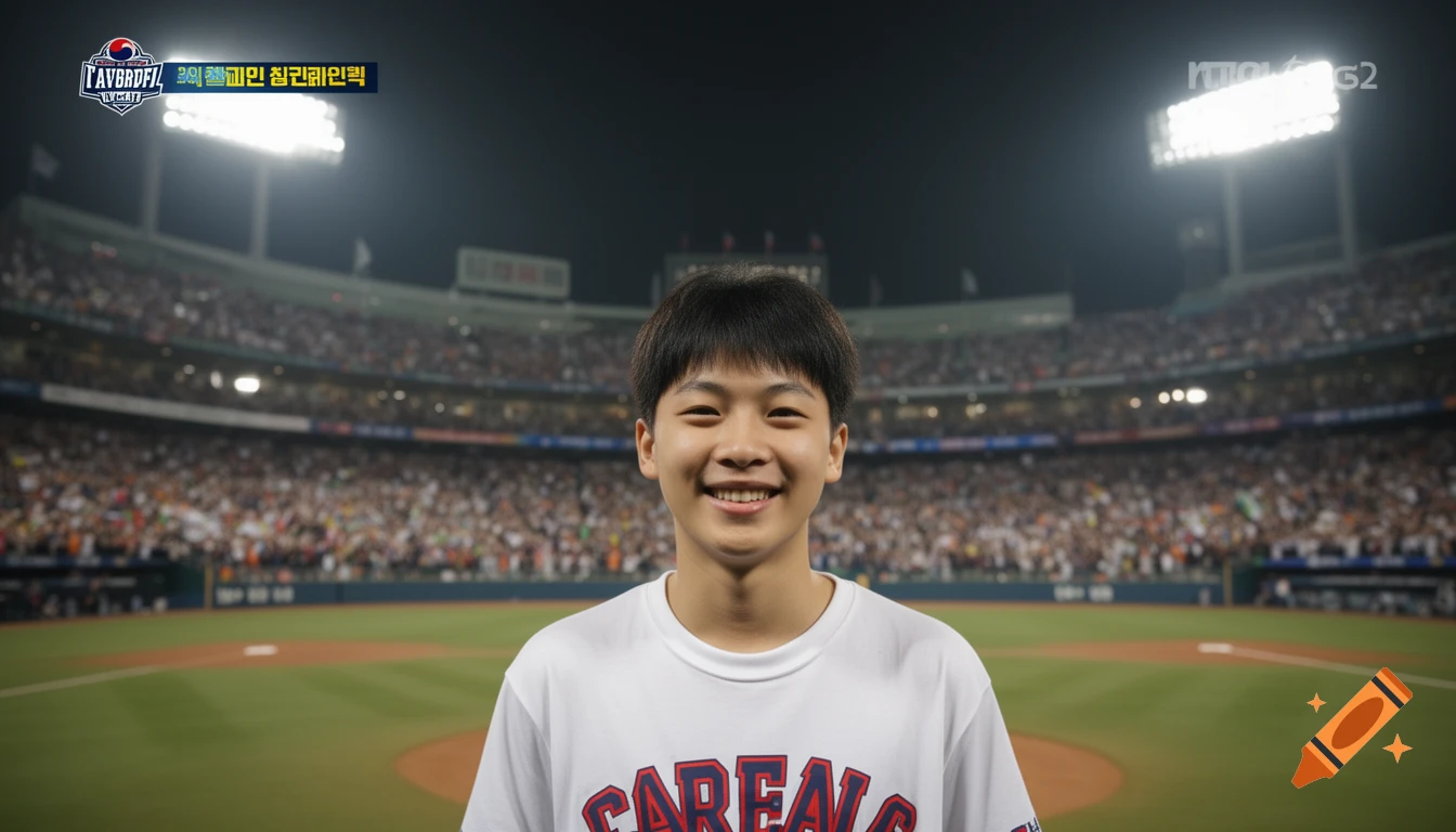 A young person smiles at a photorealistic night baseball game in a Korean stadium, with broadcast graphics in the corner.