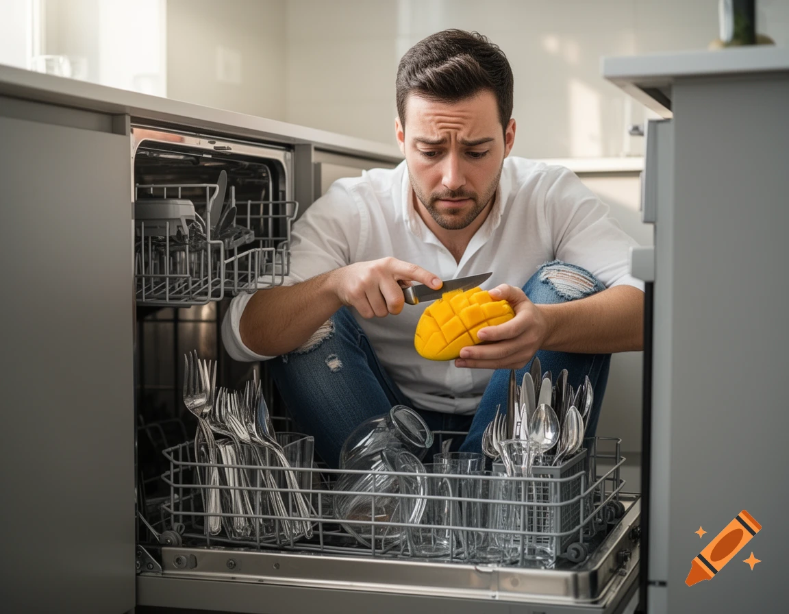 A man sits inside an open dishwasher, holding a mango and a knife with a confused expression as if unsure how to proceed.