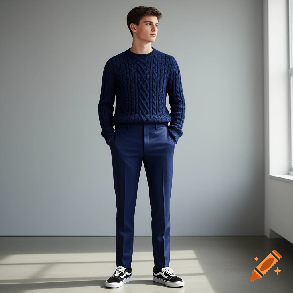 A young man stands in a brightly lit room, wearing a dark blue cable-knit sweater, dark blue trousers, and black and white Vans sneakers.