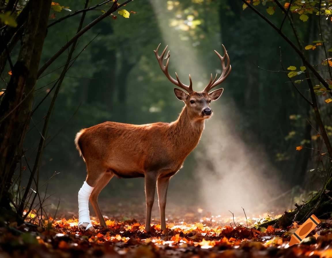 A male deer with antlers and a bandaged left hind leg stands in an autumnal forest with sunbeams filtering through trees.