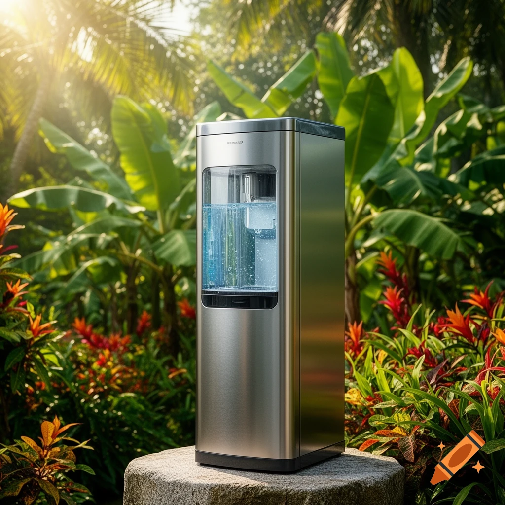 A photorealistic stainless steel water dispenser with a visible water reservoir sits on a stone base amidst a lush tropical garden with sunlight filtering through palm trees and red and green foliage.
