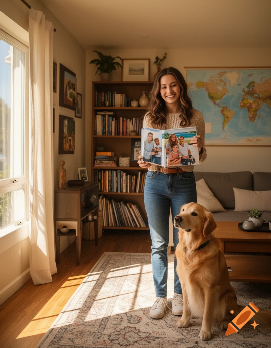 A smiling woman stands in a sunlit living room with a golden retriever, holding an open photo album.