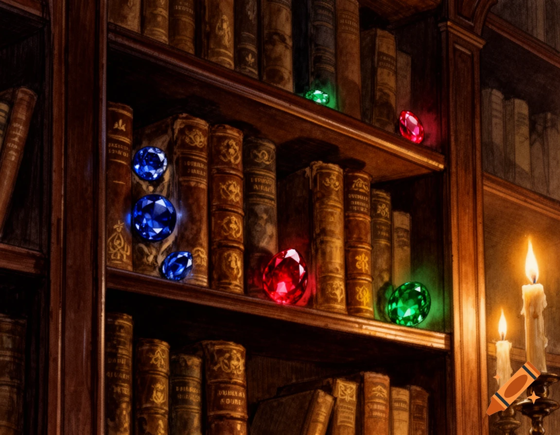 A classic illustration of a dark wooden bookshelf with old books, glowing red, blue, and green gems, and lit candles.