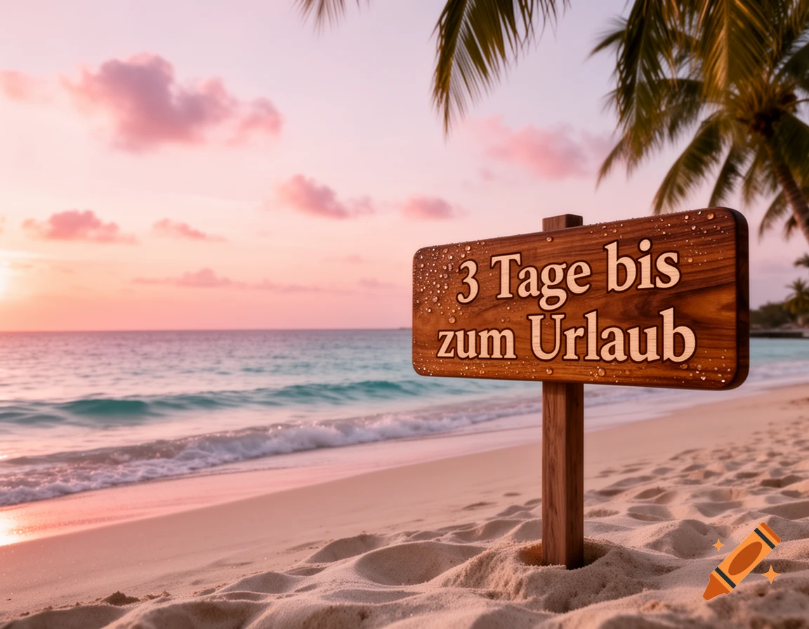 A wooden sign on a sandy beach at sunset, with palm trees in the background, reads '3 Tage bis zum Urlaub' (3 days until vacation).