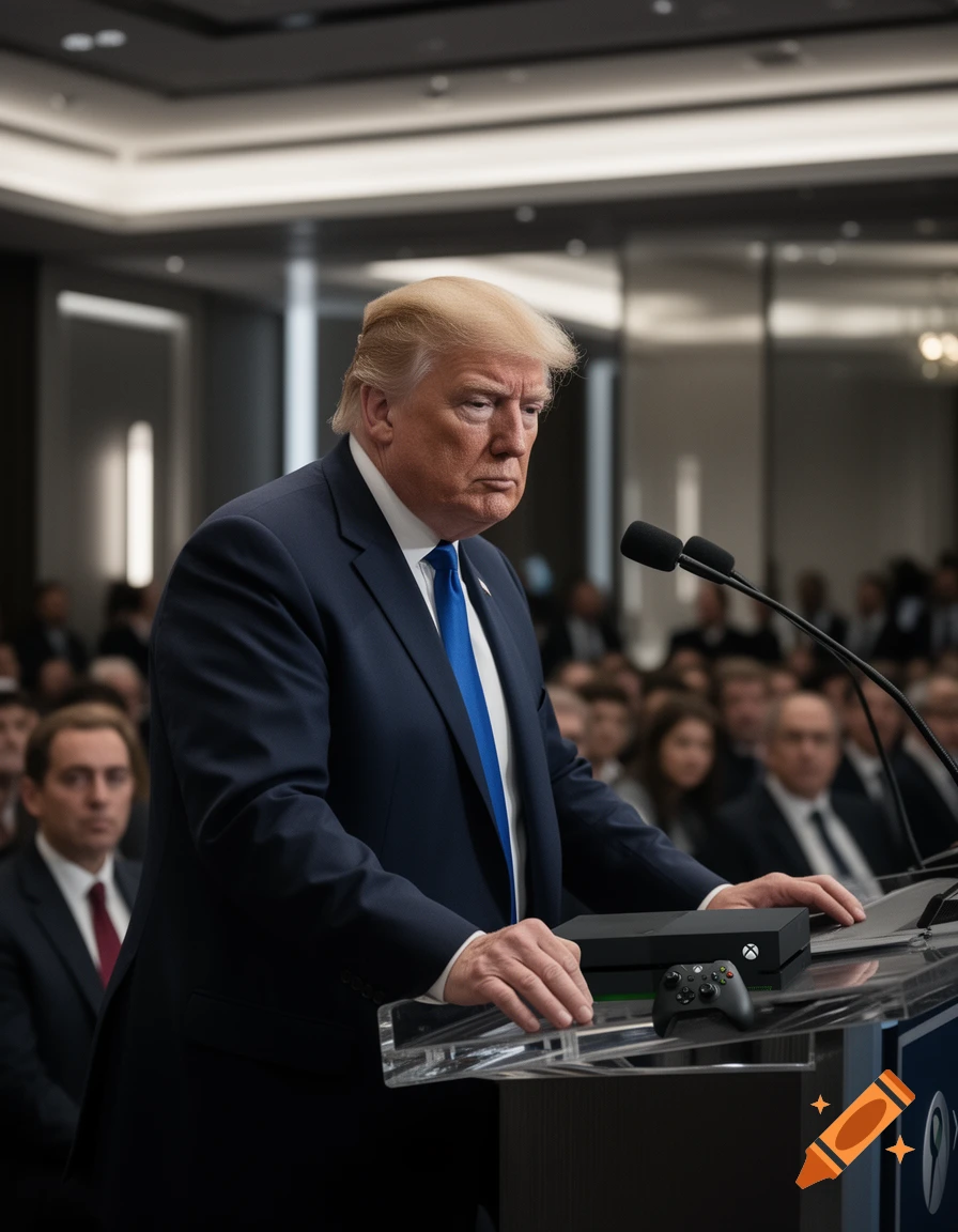 Donald Trump stands at a podium with an Xbox console and controller in front of him, speaking to an audience in a large room.