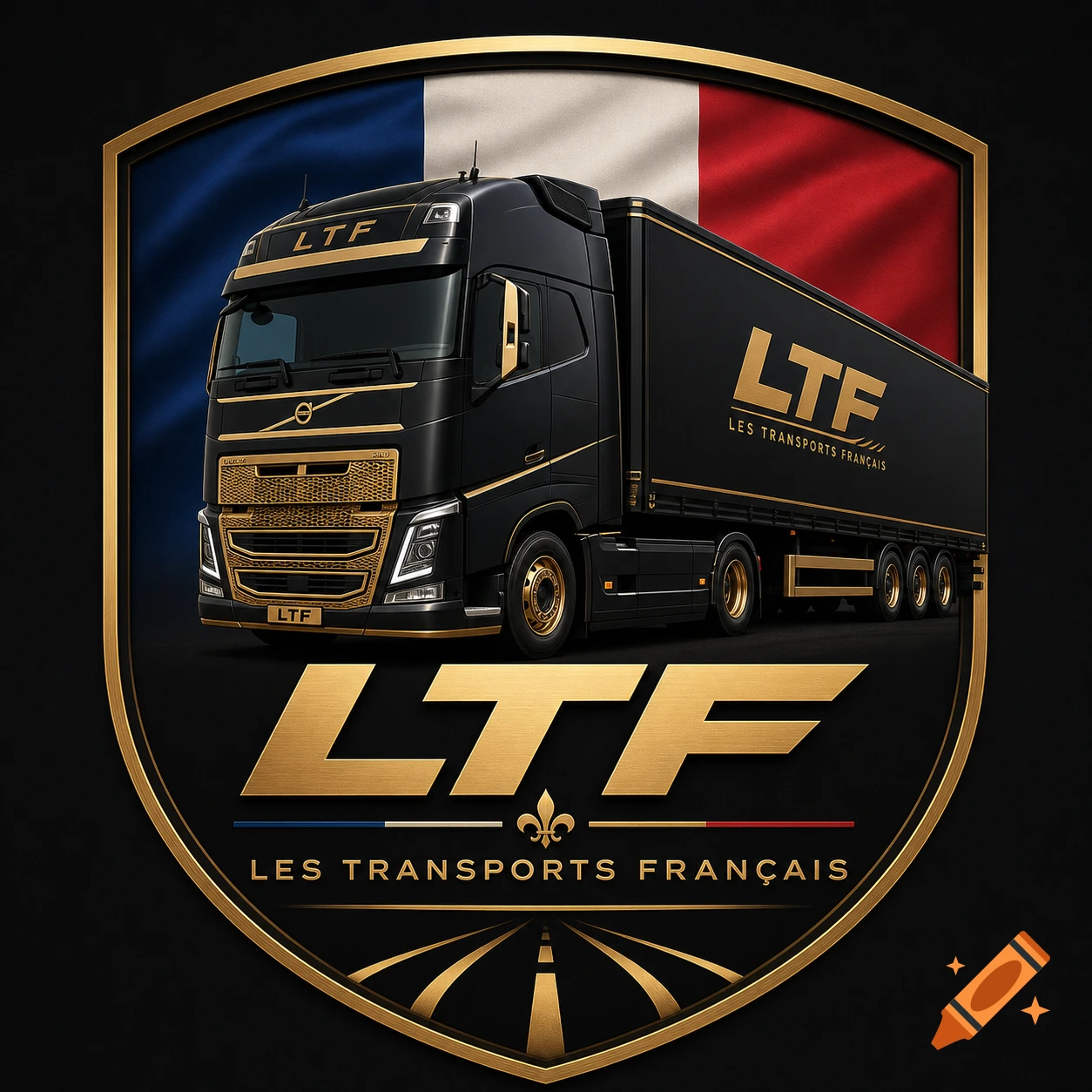 A black and gold European truck and trailer with "LTF Les Transports Français" text, set within a gold shield with the French flag in the background.