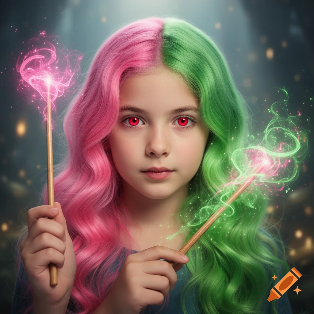 A young girl with half pink, half green hair and red eyes holds two magic wands, one emitting pink energy and the other green, against a dark, mystical background.