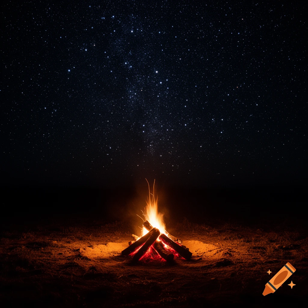A campfire burns brightly in the darkness under a vast, star-filled night sky, photorealistic.