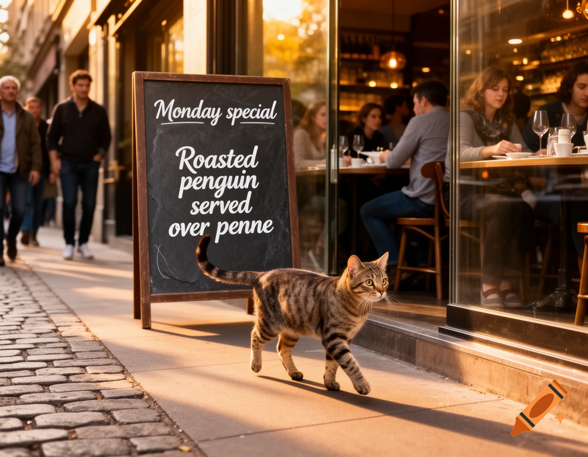 A tabby cat walks past a restaurant with a blackboard sign advertising 'Roasted penguin served over penne' on a sunny city street.
