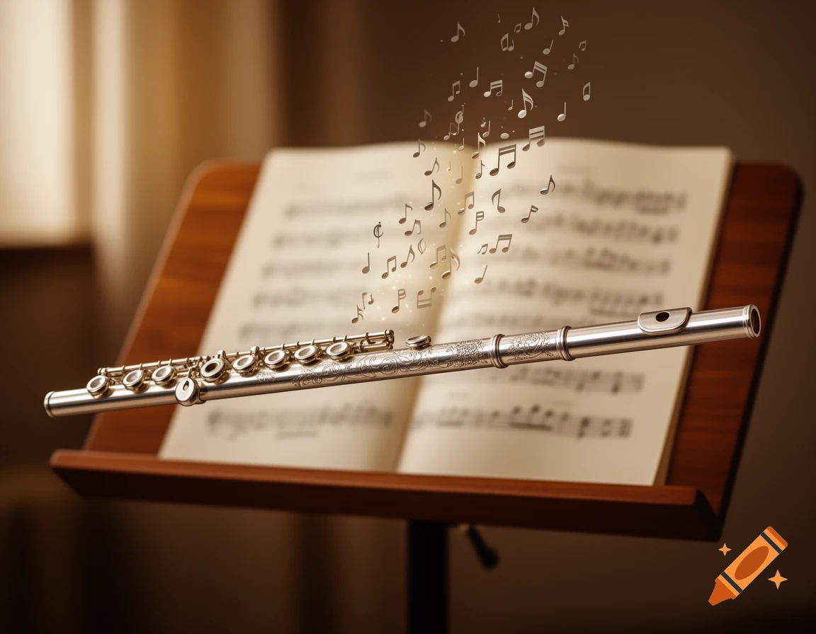 A silver flute rests on a wooden music stand with open sheet music, from which musical notes float upwards.