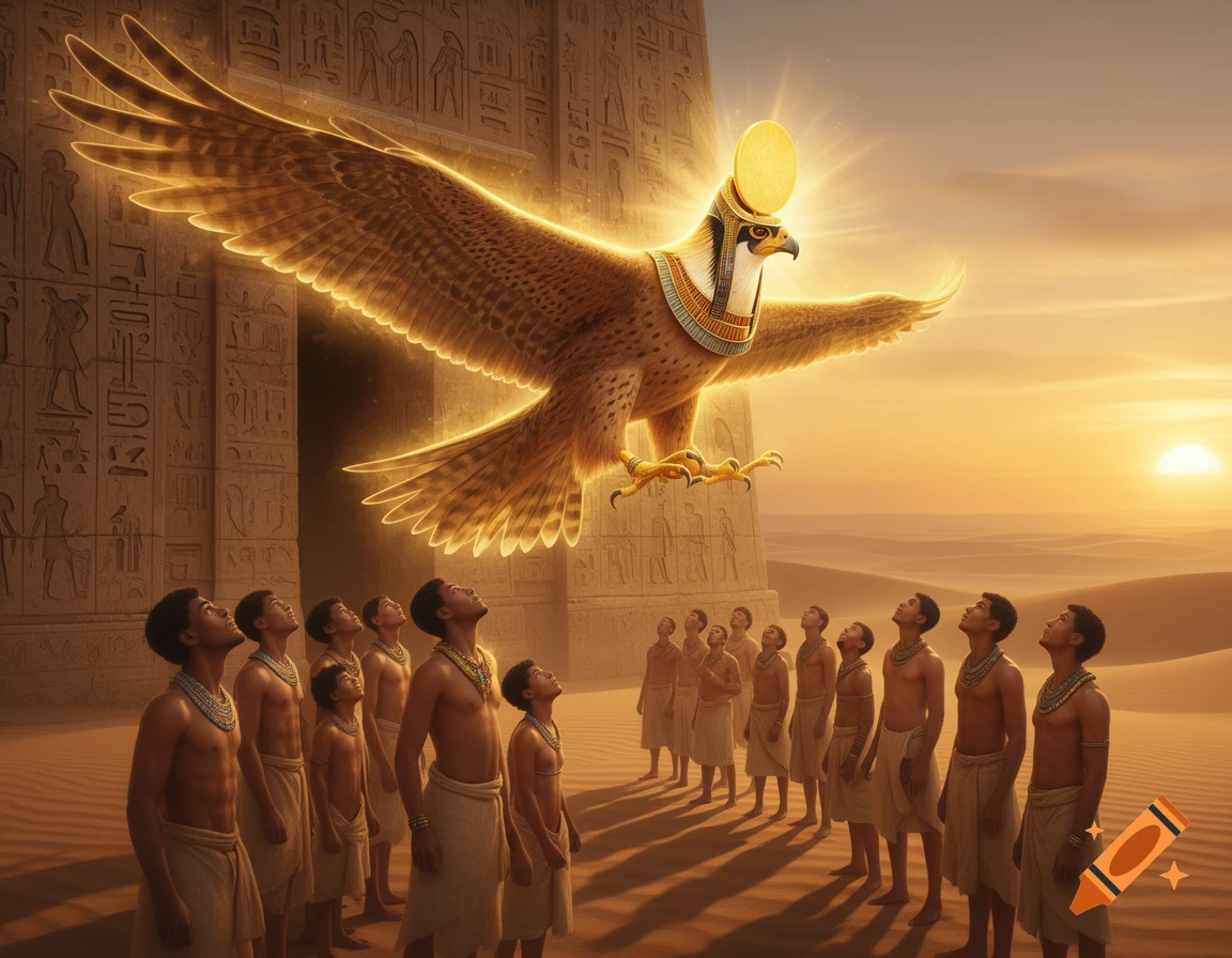 Glowing falcon-headed Ra, the sun god, descends from a temple in the desert, shedding light upon a group of people looking up in reverence at sunset.
