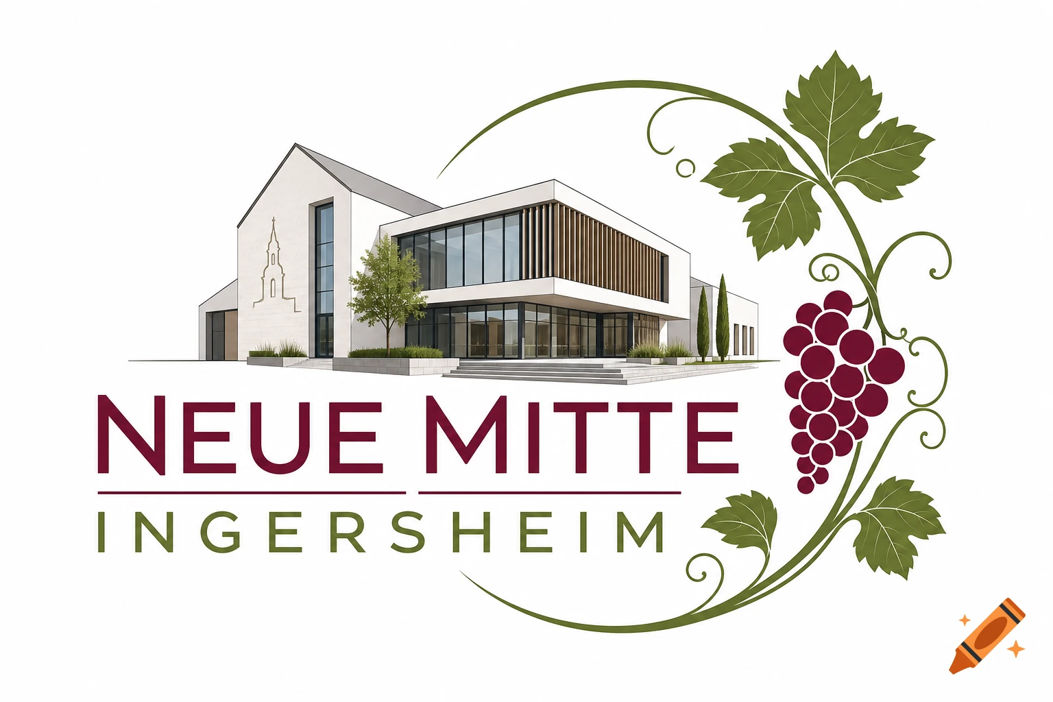 A project logo featuring a modern building with a steeple, green grapevines, a bunch of red grapes, and the text 'NEUE MITTE INGERSHEIM' on a white background.