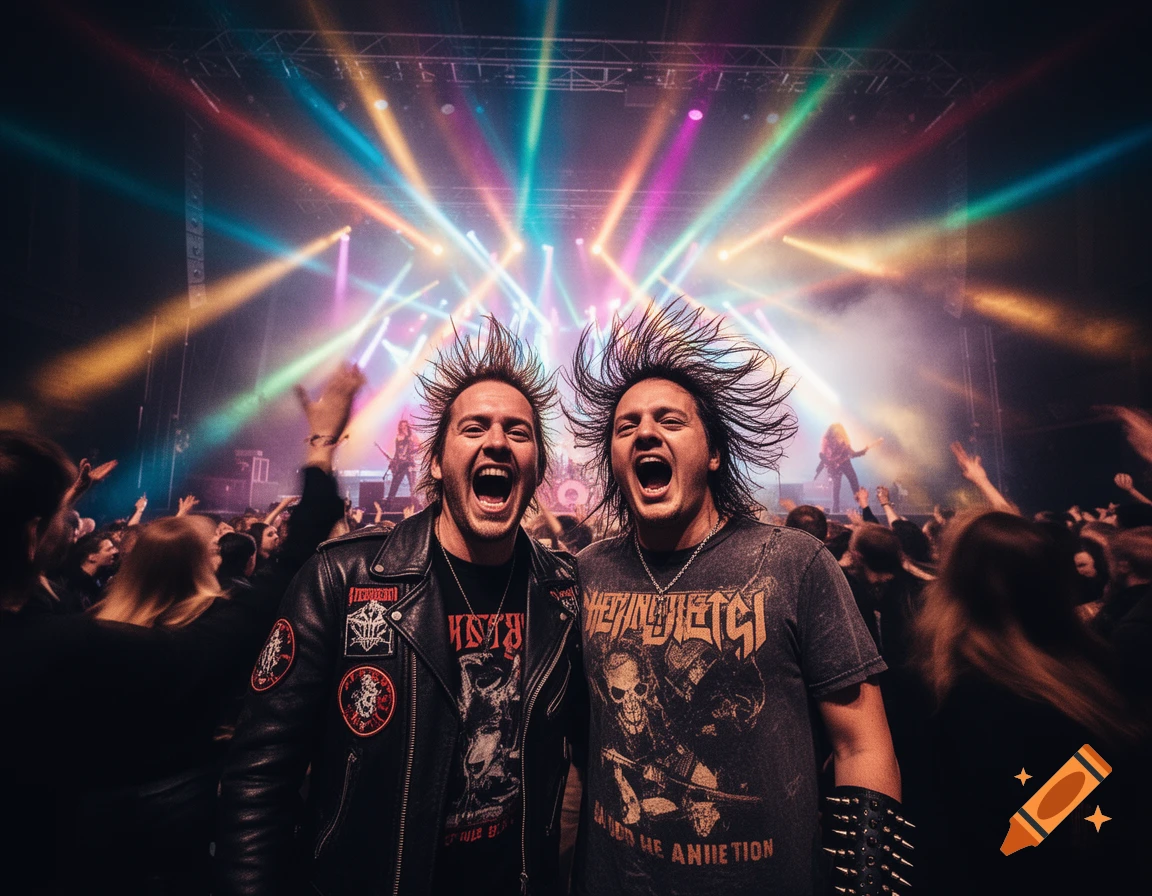 Two excited men with wild spiky hair and rock concert attire yell at a heavy metal concert with colorful stage lights.