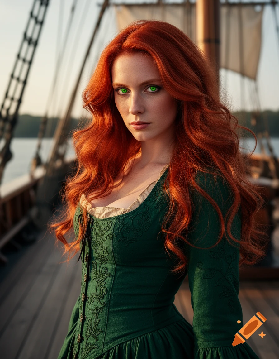 Photorealistic portrait of a red-haired woman with bright green eyes in a green pirate-style costume on a ship deck.