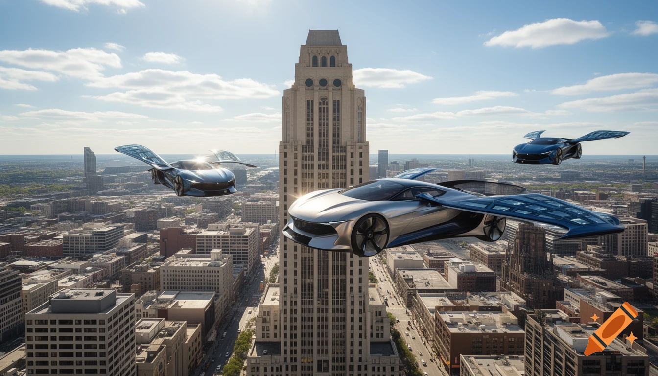 Sleek, futuristic flying cars with large wings soar above a sprawling city with a tall central skyscraper under a bright, partly cloudy sky.