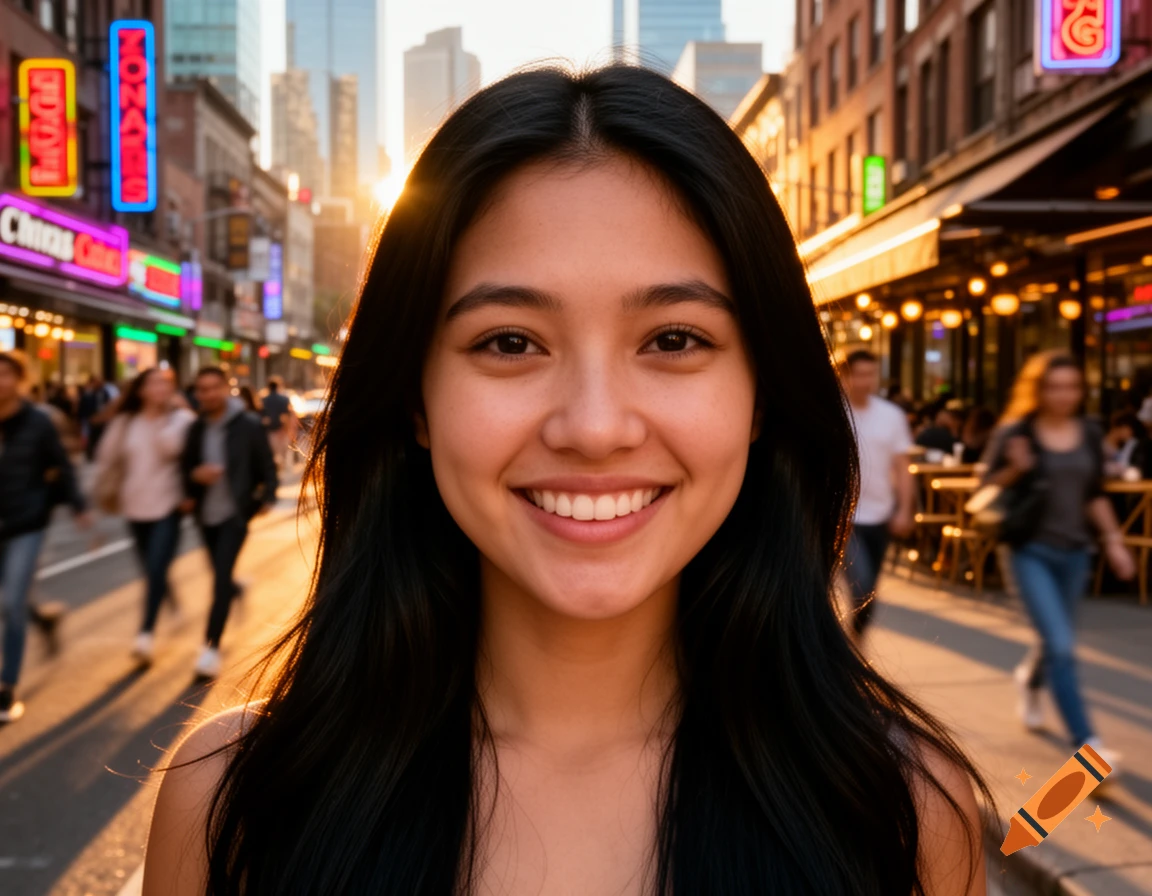 Smiling young woman with long dark hair, close up in a bustling city street at sunset.