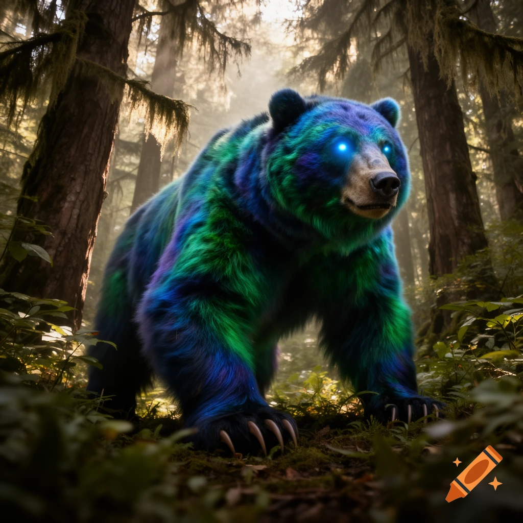 A vibrant blue and green fantastical bear with glowing blue eyes stands in a lush, sunlit forest.