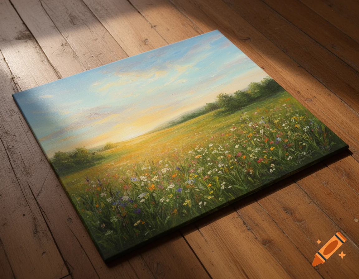 A vibrant landscape painting of a wildflower field at sunset, lying on a wooden floor.