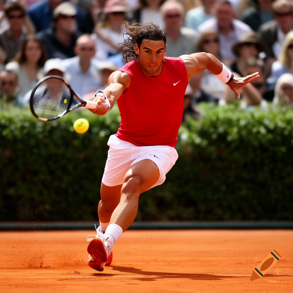 Rafael Nadal in a red shirt and white shorts hitting a forehand on a clay tennis court with spectators in the background.