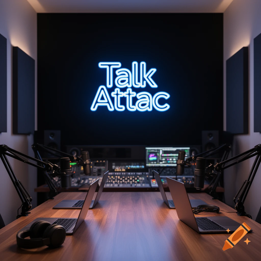 A modern podcast studio setup featuring a wooden table, microphones, laptops, sound mixer, and a blue neon sign 'Talk Attac' on a black wall.