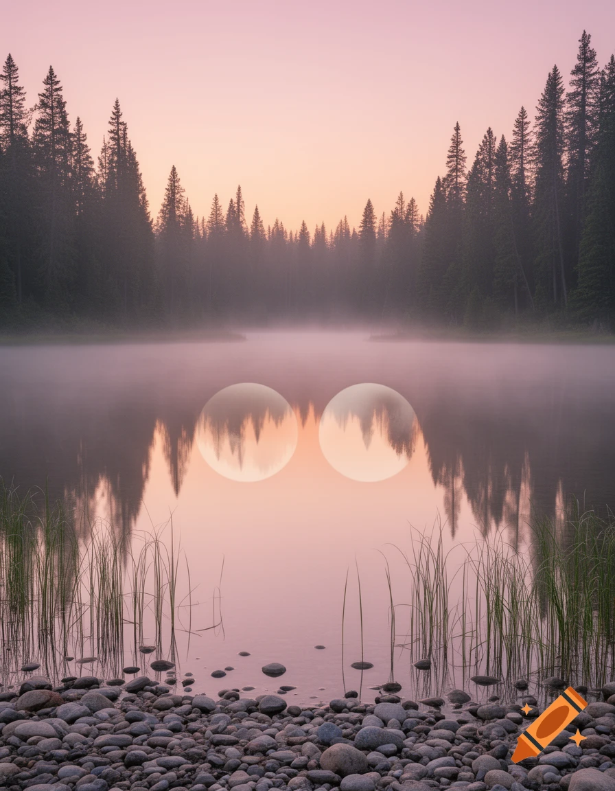 Misty lake at sunrise with two glowing circular reflections, surrounded by a dense forest and a rocky foreground.