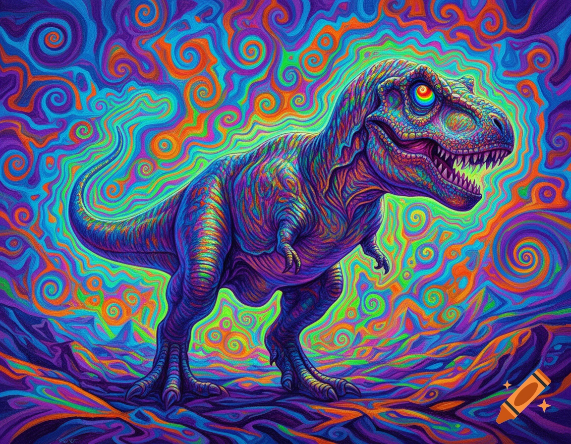 A vibrant, psychedelic Tyrannosaurus rex featuring swirling rainbow colors and optical illusions in its eye, against a chaotic, colorful background.