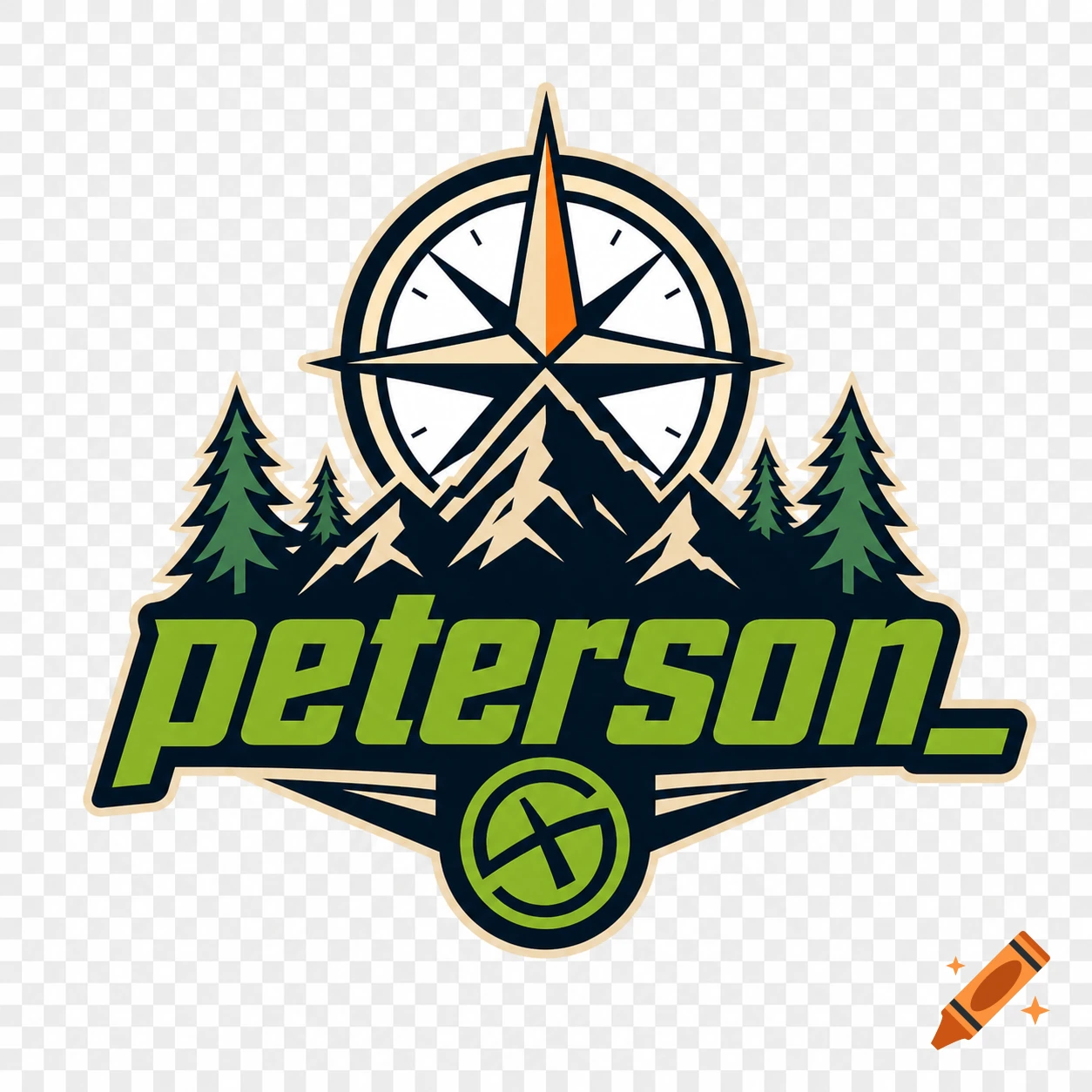 A stylized outdoor logo featuring a compass, mountains, and pine trees. The name "peterson" is prominently displayed in green, bold lettering below.