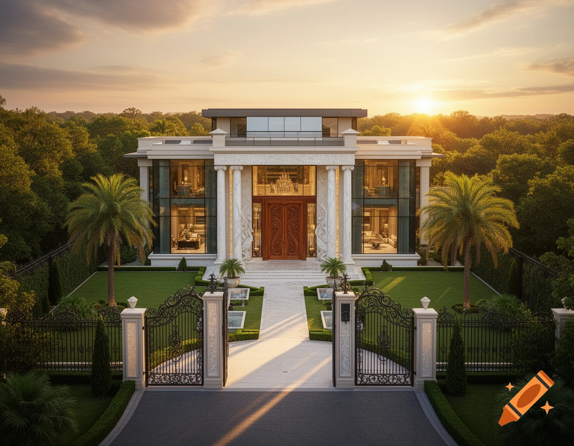 A grand, luxurious mansion with large columns and ornate gates, surrounded by palm trees and lush green lawns under a golden sunset.