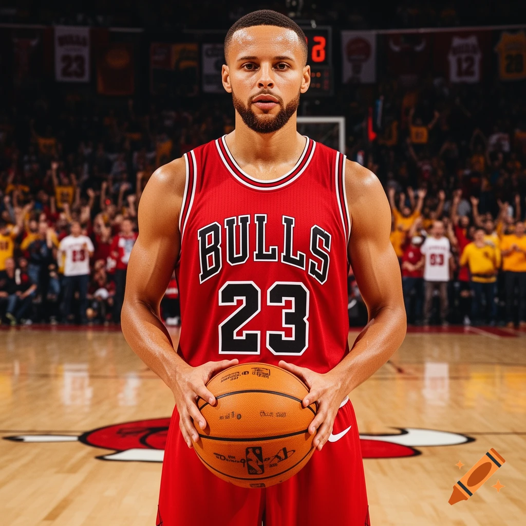 A male basketball player in a red Chicago Bulls jersey with number 23 holds a basketball on a court in an arena.