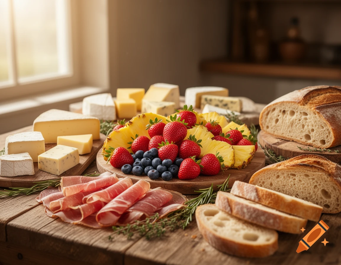 A rustic wooden table laden with an abundant spread of cheeses, sliced prosciutto, fresh strawberries, blueberries, pineapple, and crusty bread.