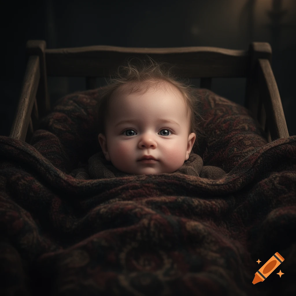 A photorealistic close-up of a baby lying in a wooden crib, wrapped in a dark patterned blanket, looking directly forward.
