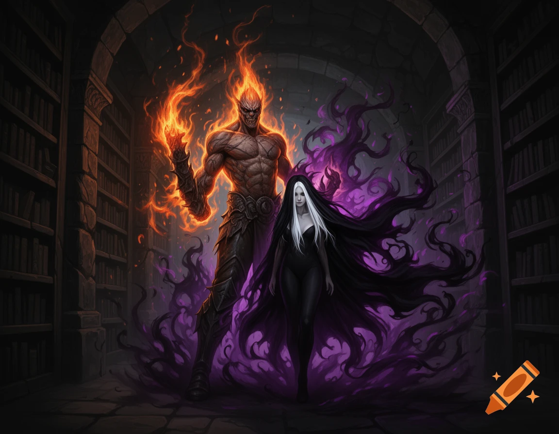 A dark fantasy illustration of a fiery warrior and a woman with a glowing purple aura in an ancient stone library.