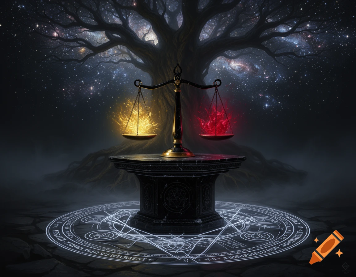 A mystical scene with a balanced scale holding golden and crimson light on an altar, under a cosmic tree, surrounded by glowing symbols.