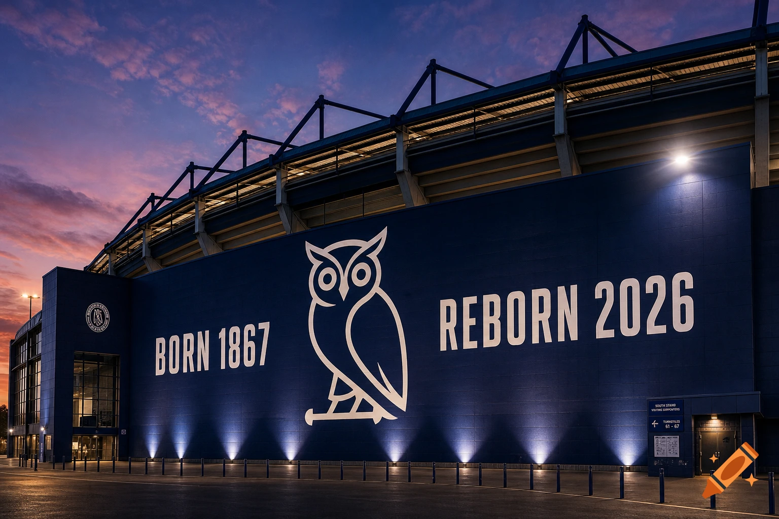 Photorealistic view of a navy blue football stadium wall with a white owl logo and the text BORN 1867 REBORN 2026, under a dramatic dusk sky.