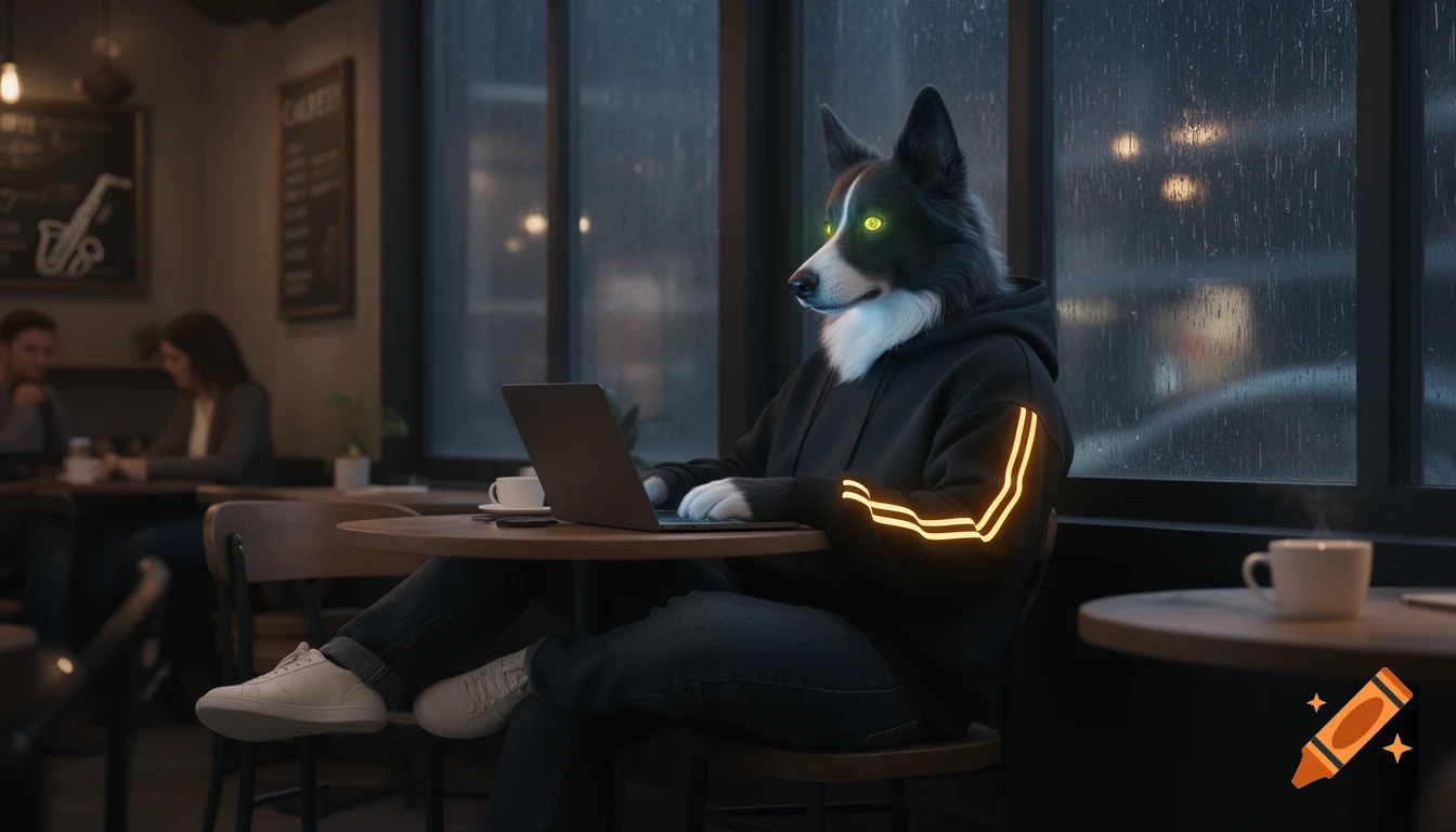A cyberpunk Border Collie with glowing eyes works on a laptop in a dimly lit cafe, rain streaking the window.