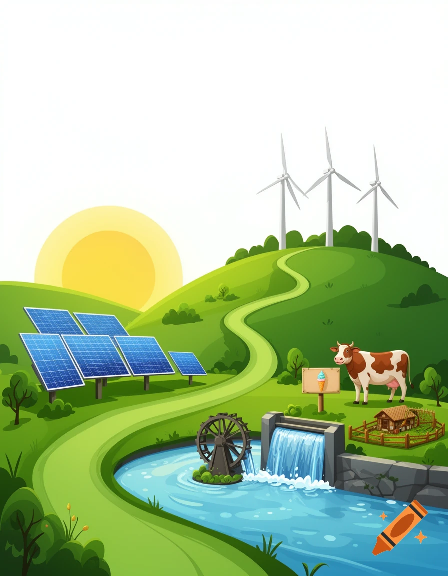 A vibrant comic illustration of a sustainable landscape with solar panels, wind turbines, a river, a water wheel, and a cow on green hills.