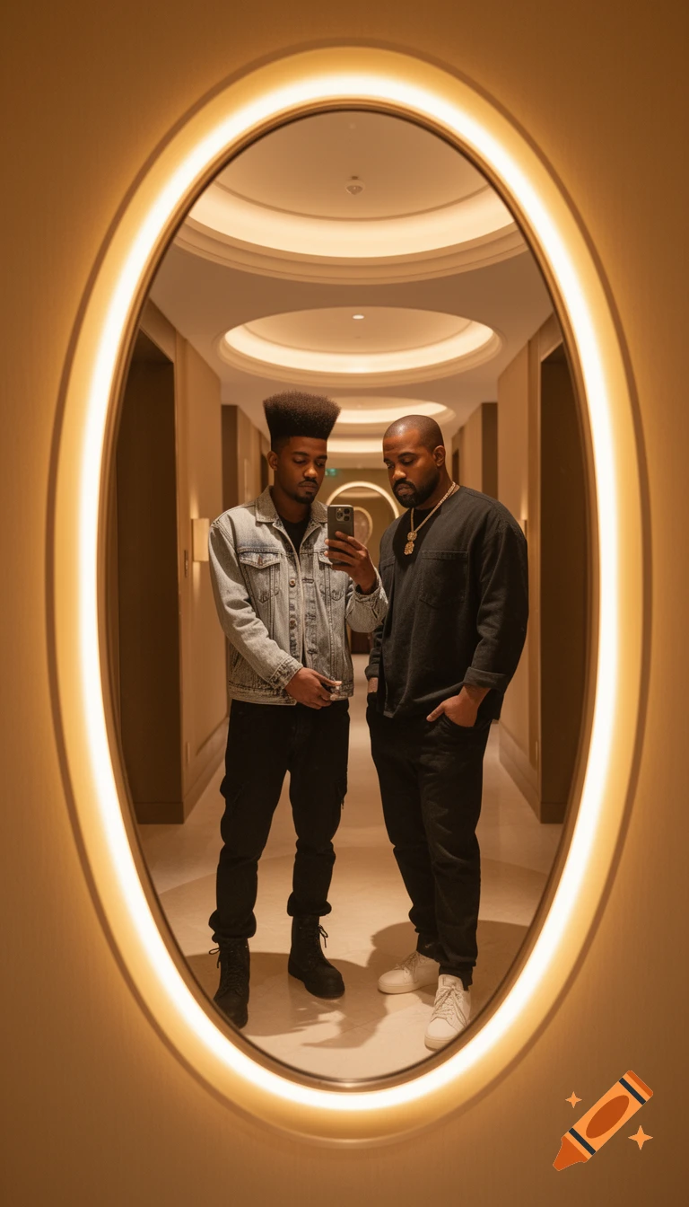Two men, one with a high-top fade and another resembling Kanye West, take a mirror selfie in a luxury hallway with an oval glowing mirror.