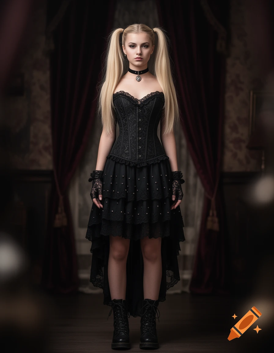 A blonde woman with twin pigtails wearing a black gothic corset, tiered skirt, and combat boots stands in a dim room.