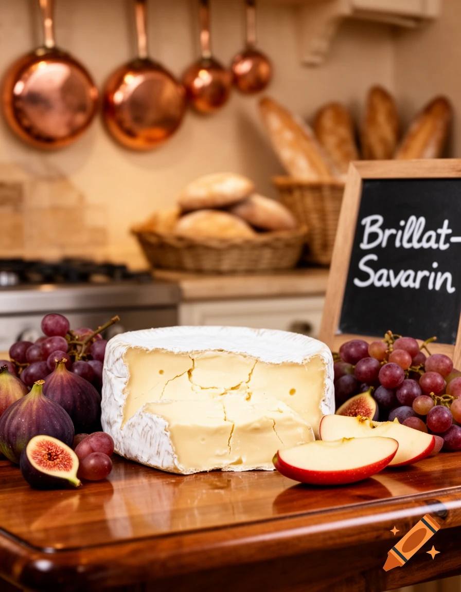A wheel of Brillat-Savarin cheese, grapes, figs, and apple slices on a wooden table in a rustic kitchen.