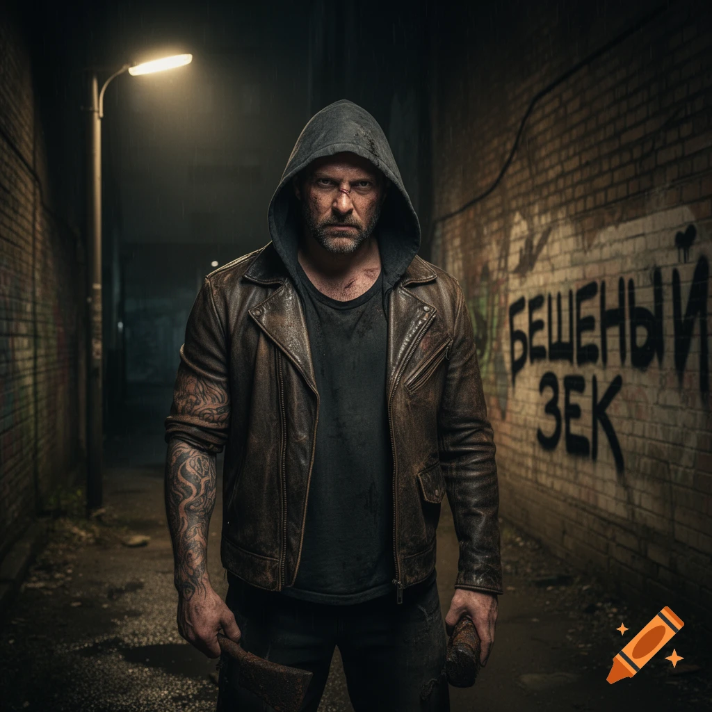A menacing man in a leather jacket and hoodie holds an axe in a dark, graffiti-covered alley.