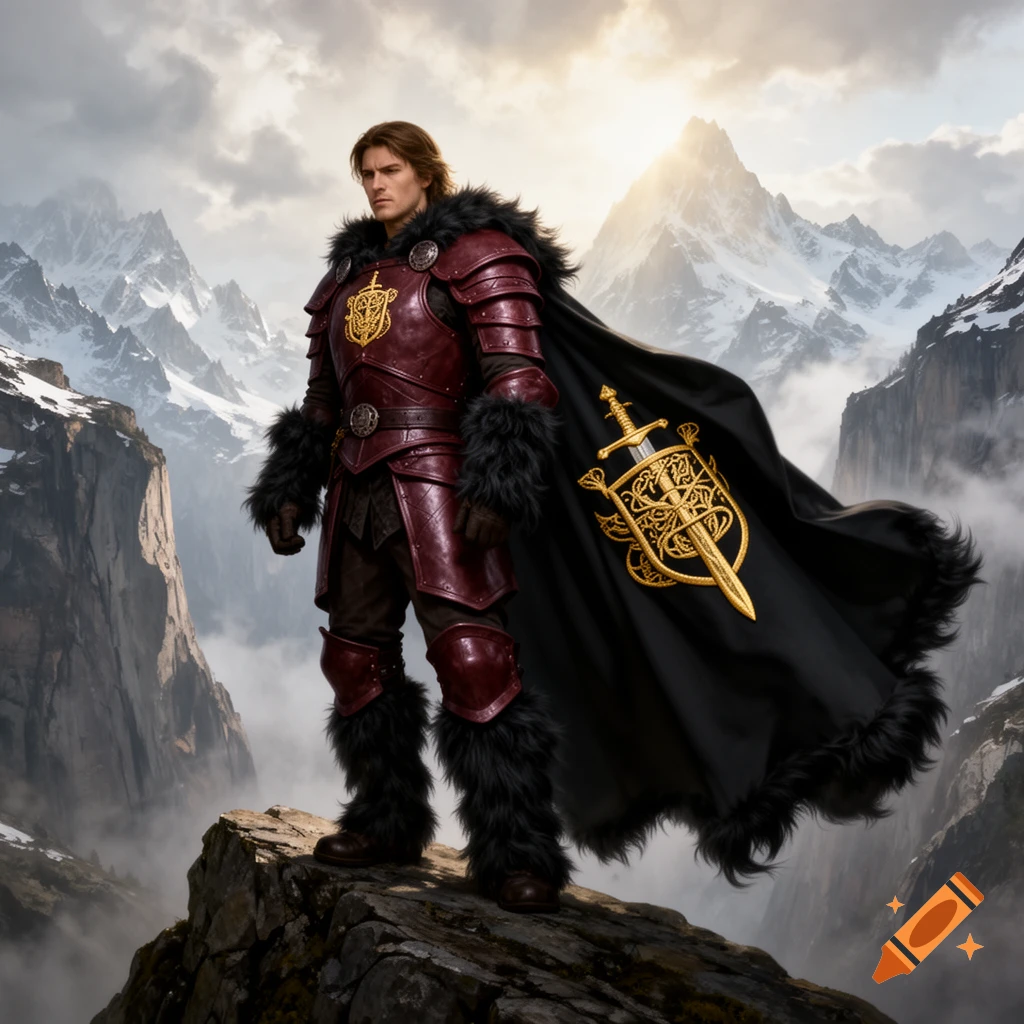 A photorealistic fantasy warrior in maroon armor and a black fur-trimmed cape stands on a rocky peak in a mountain range.